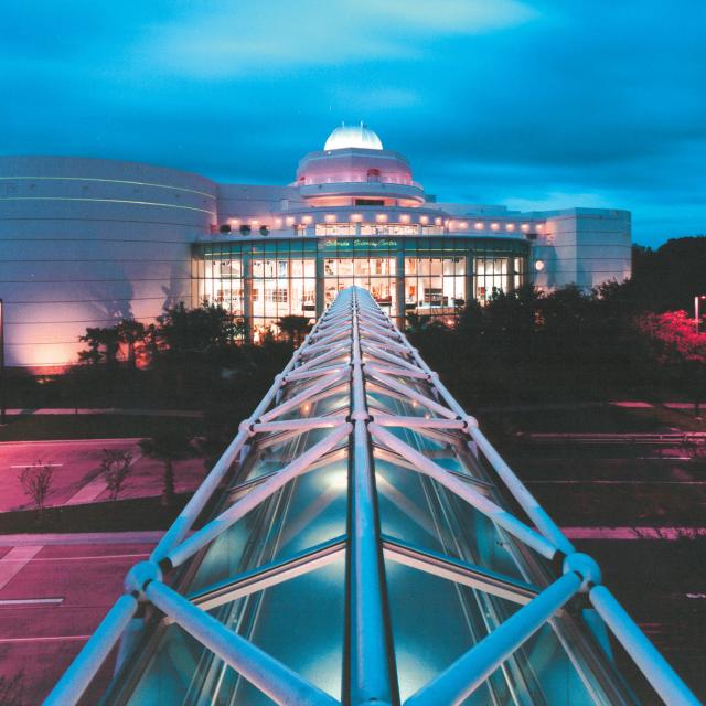 Orlando Science Center exterior bridge dusk