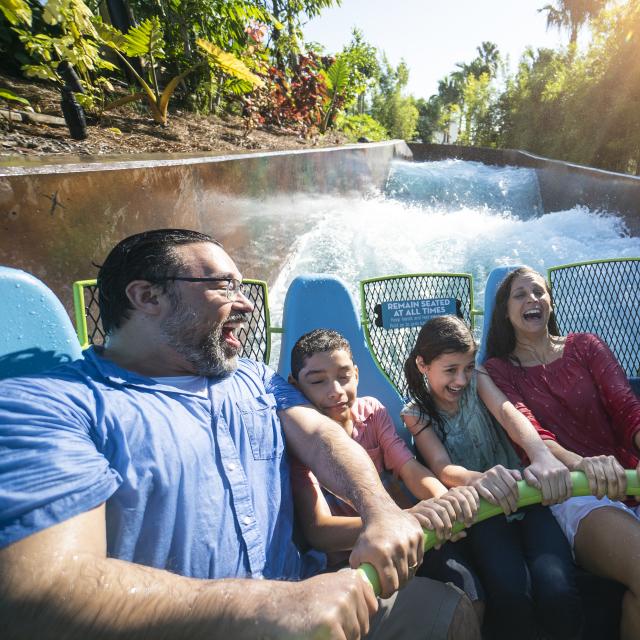 Family on Infinity Falls raft ride at SeaWorld Orlando