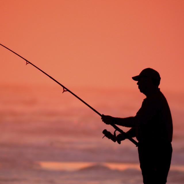A silhouette of a man fishing.
