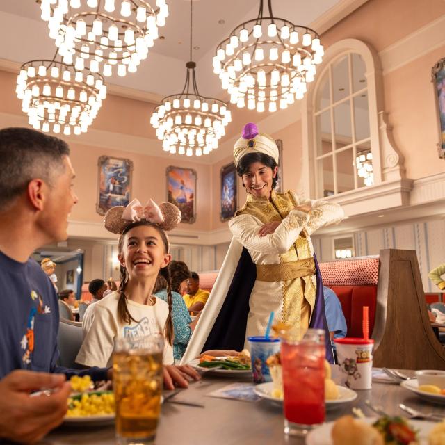 Guests can meet Aladdin in his princely finest when the iconic 1900 Park Fare restaurant at Disney’s Grand Floridian Resort & Spa reopens on Apr. 10, 2024, at Walt Disney World Resort in Lake Buena Vista, Fla. The buffet-style restaurant reveals a refreshed look, delectable dishes and beloved characters who celebrate the power of wishes. (Olga Thompson, Photographer)