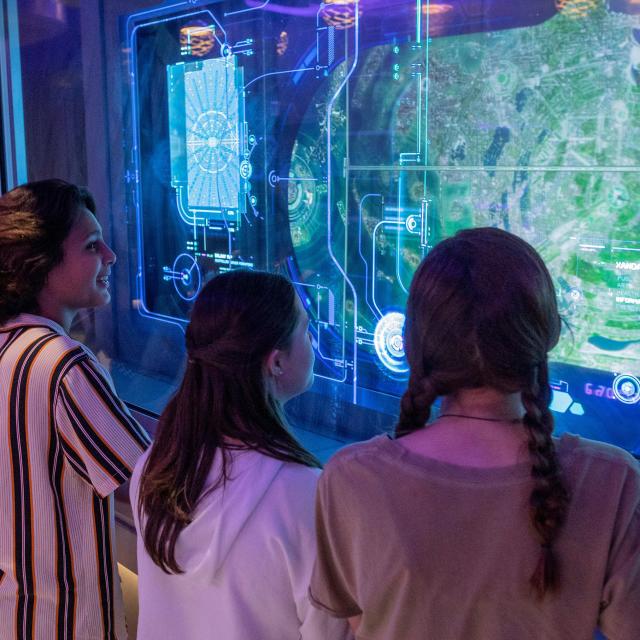 EPCOT guests learn about Xandarian culture in the Xandar Gallery, part of Guardians of the Galaxy: Cosmic Rewind, the new family-thrill coaster attraction at Walt Disney World Resort in Lake Buena Vista, Fla. (Kent Phillips, photographer)