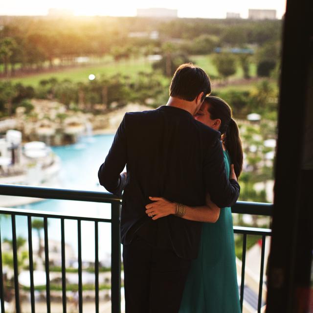 Orlando World Center Marriott couple on a hotel room balcony