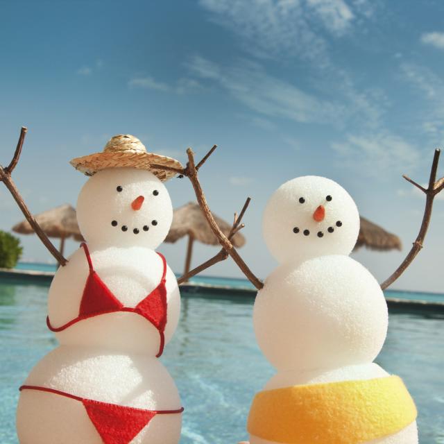 horizontal, snowman, pool, beach, water, bikini, hat, red, yellow, blue, blue sky, clouds, holiday, winter, summer