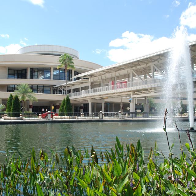 Orange County Convention Center West exterior and fountain