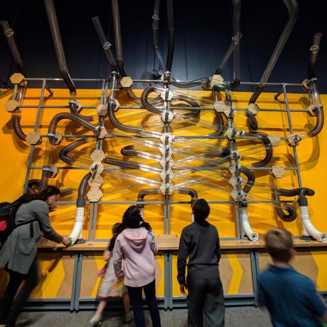 Wide, low angle of complex air-tube contraption for sending scarves flying through the air at Orlando Science Center.