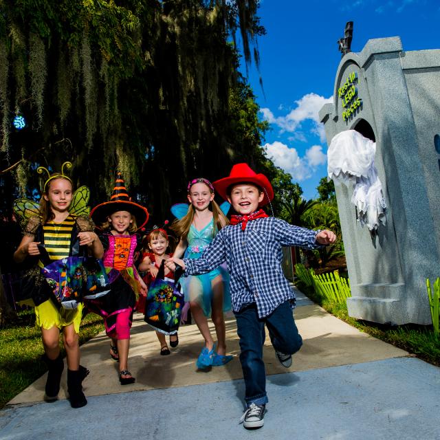A group of children in Halloween costumes at Brick or Treat at LEGOLAND Florida Resort.