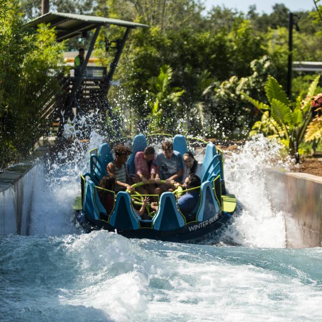 Family on Infinity Falls raft ride at SeaWorld Orlando
