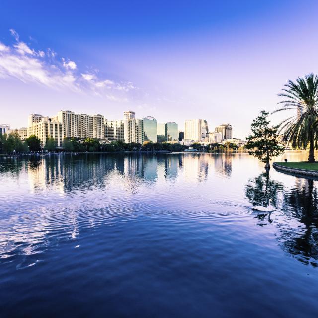 downtown Orlando skyline and lake Eola
