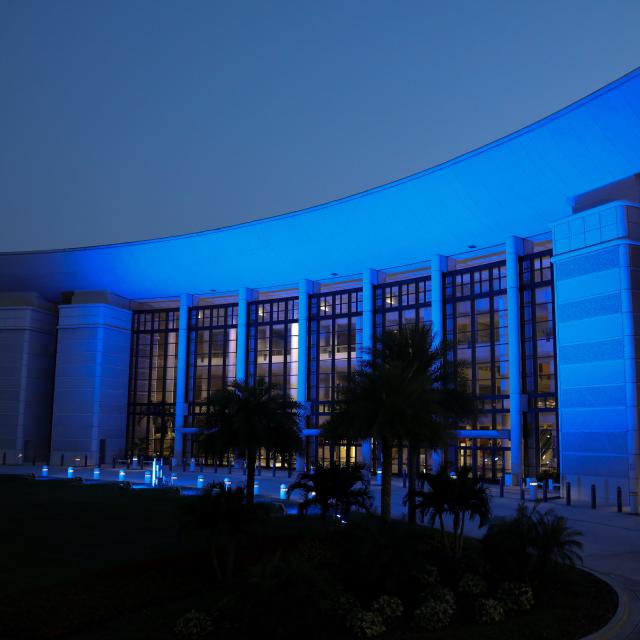 Orange County Convention Center lit up in blue
