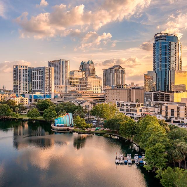 Aerial photo of downtown Orlando and Lake Eola