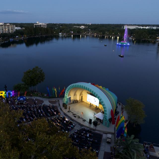 2021 Come Out With Pride Orlando event amphitheater and Lake Eola at night