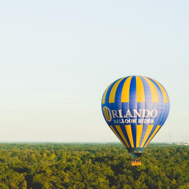 A balloon from Orlando Balloon Rides hovers over the tree tops.