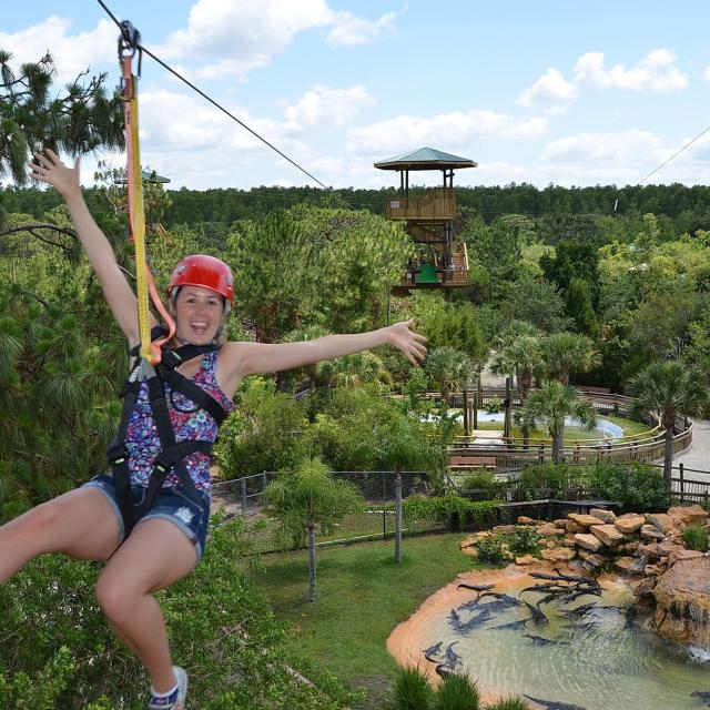 A woman races high above on the Screamin' Gator Zip Line at Gatorland