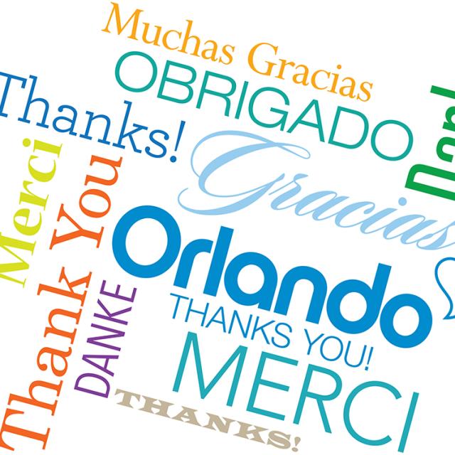 Gracias departe de Visit Orlando, escrito en varios idiomas.