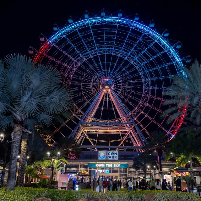 The Wheel lit up in red and blue at night