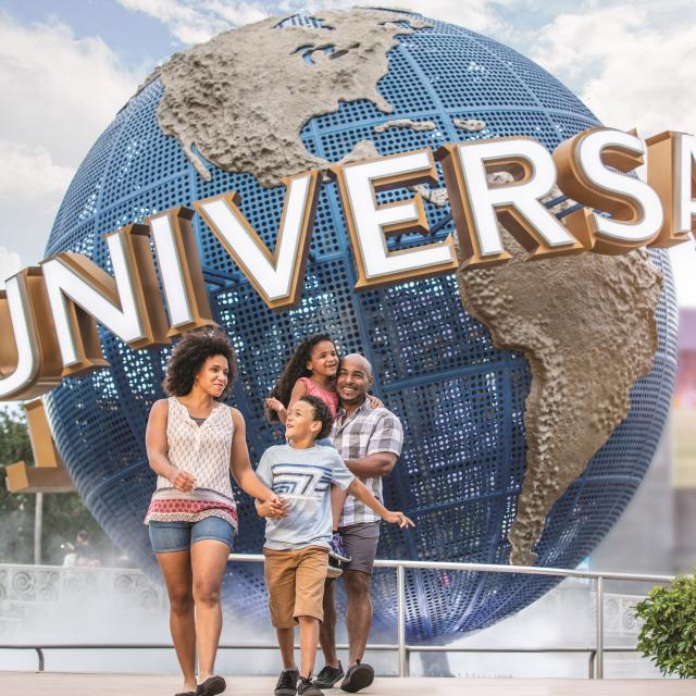 Family in front of the globe at Universal Orlando Resort