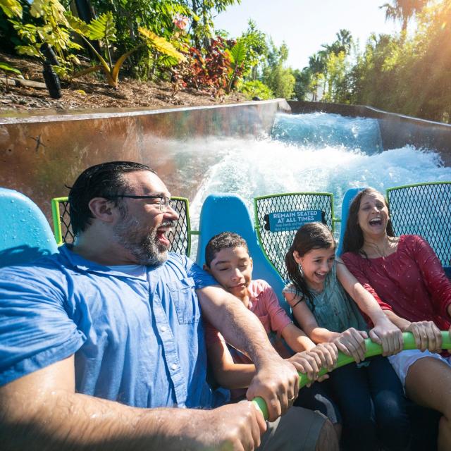 Family on Infinity Falls raft ride at SeaWorld Orlando