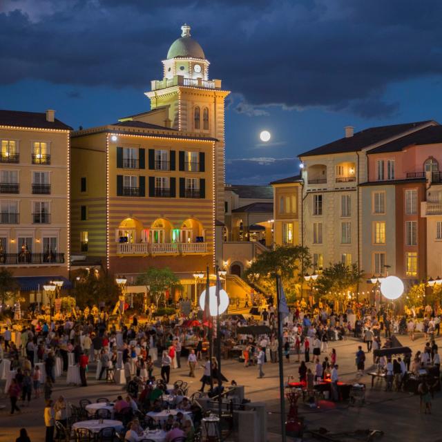 Loews Portofino Bay Hotel exterior at night