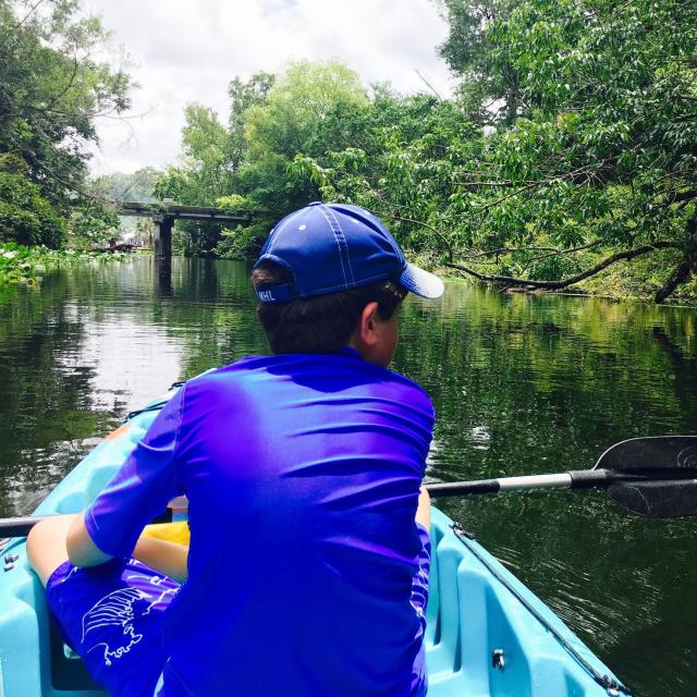 Miriam Porter, writer, and son, Noah kayaking