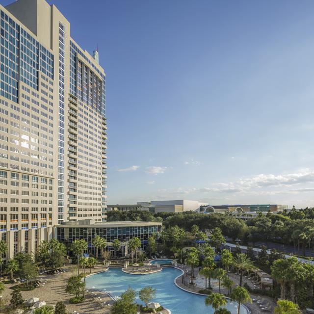 Hyatt Regency Orlando aerial view of the hotel and swimming pool