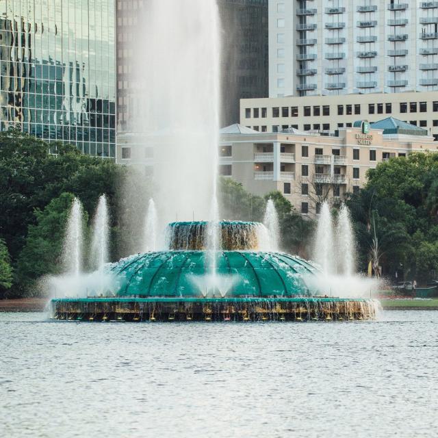 Downtown Development Board swan boat by fountain at Lake Eola