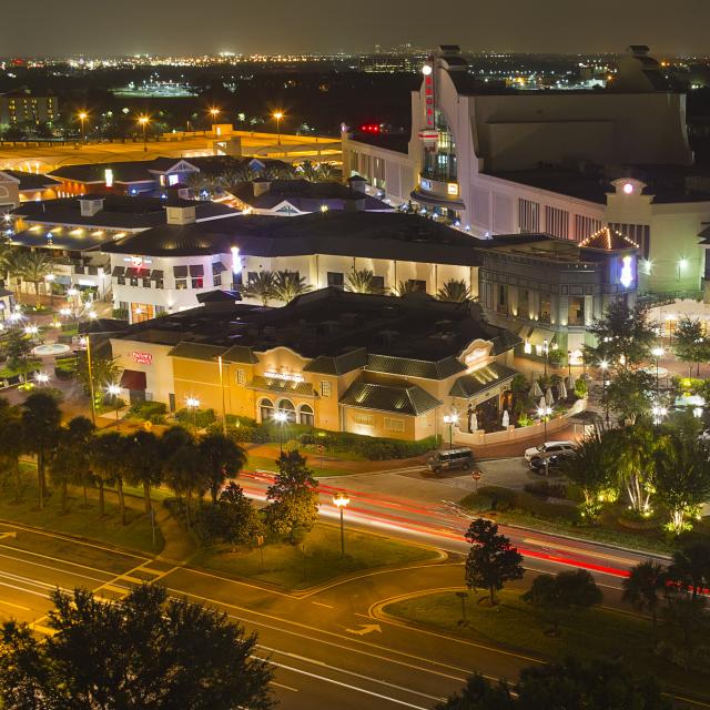 aerial view of shops on International Drive at night
