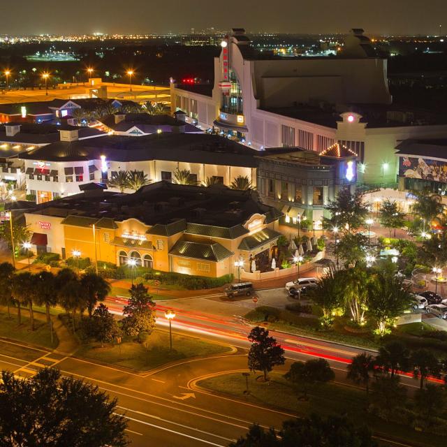 aerial view of shops on International Drive at night