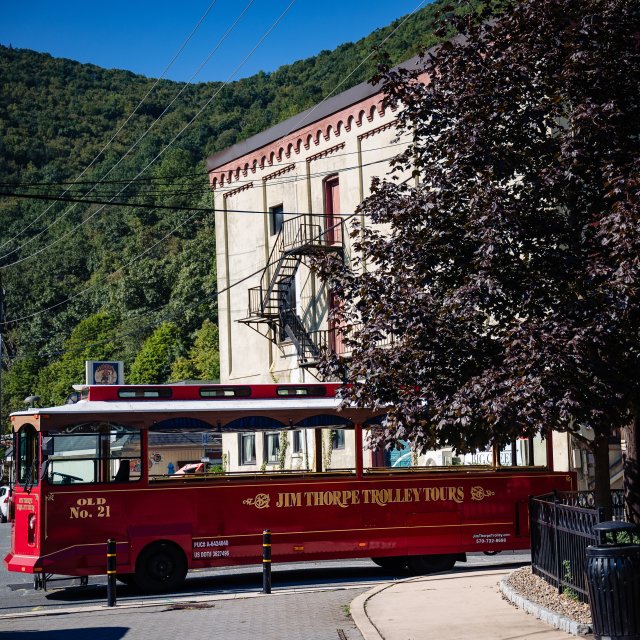 Jim Thorpe Trolley parked in downtown Jim Thorpe, PA