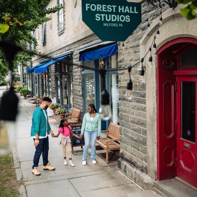 Family enjoying a stroll in downtown Milford PA