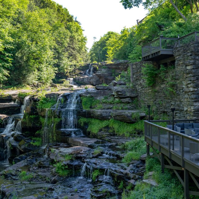 Waterfalls and outdoor seating area at Ledges Hotel