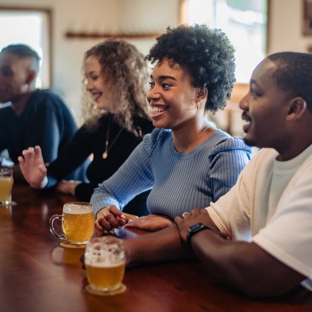 Two couples sitting at a bar enjoying adult beverages