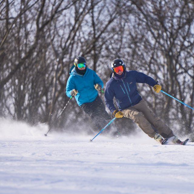 Two skiers going down a mountain