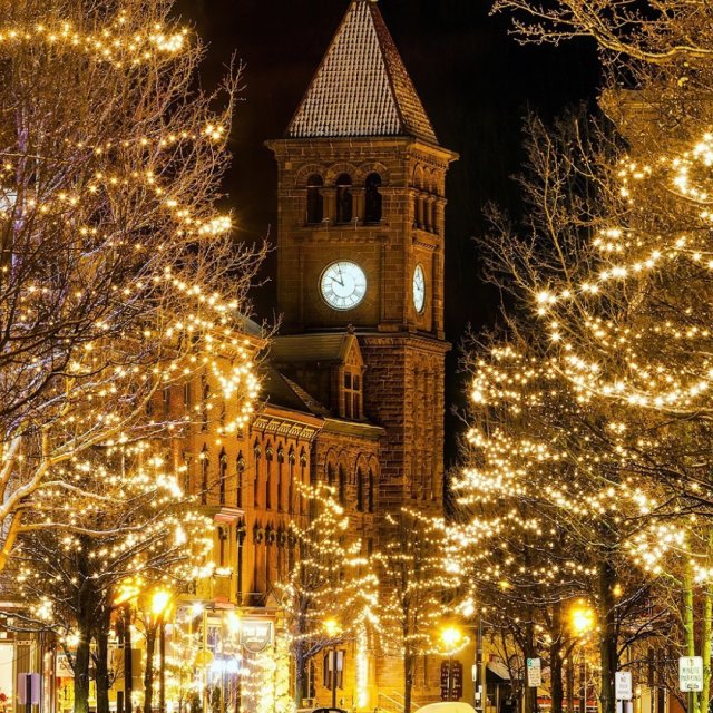 Downtown Jim Thorpe PA with lights lining the street