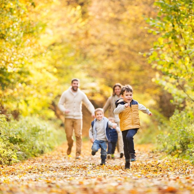 Children running down a fall path in the woods with their parents