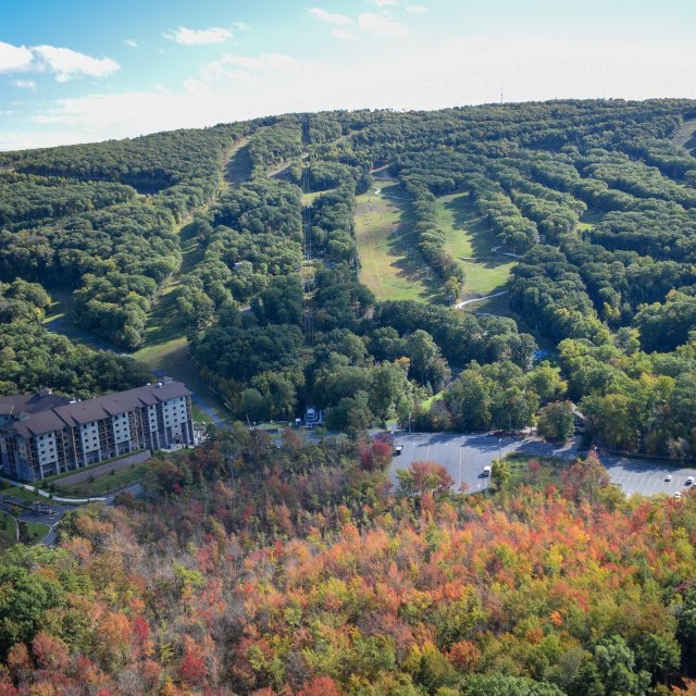 A scenic aerial view of the fall foliage at Camelback Lodge.