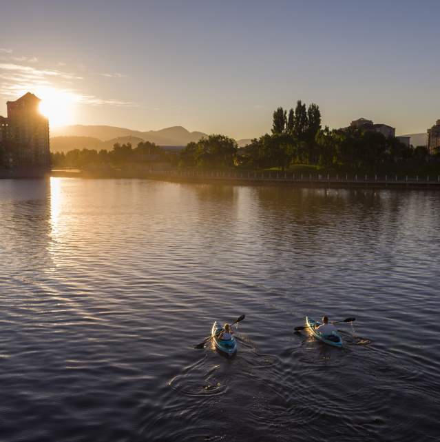 Kayaks on the lake in downtown Kelowna