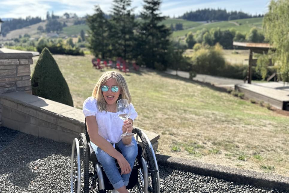 Kirstin at Silvan Ridge Winery on gravel path.