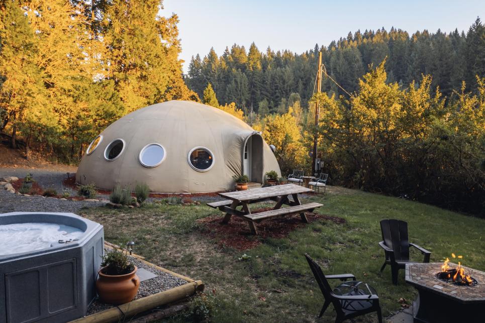 The Eugene Dome with hot tub and fire pit
