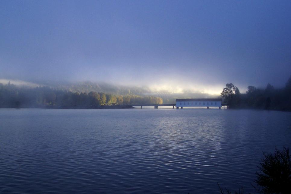 a foggy sunrise at dexter lake