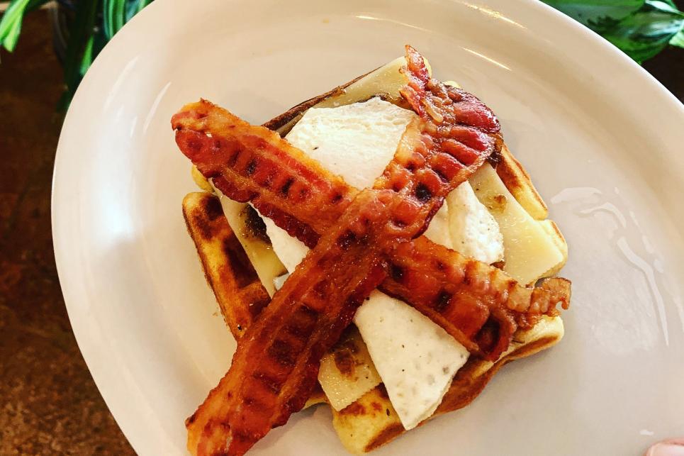 Moke's Coffee & Kitchen waffle, bacon and egg