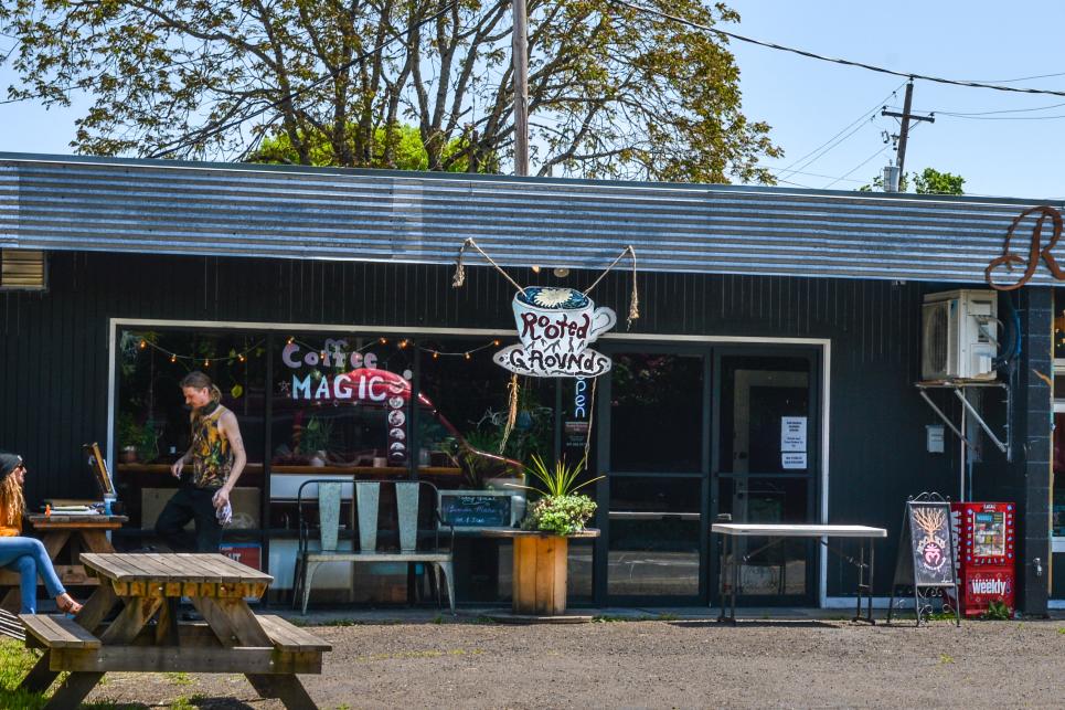 Rooted Space coffee shop with picnic table.