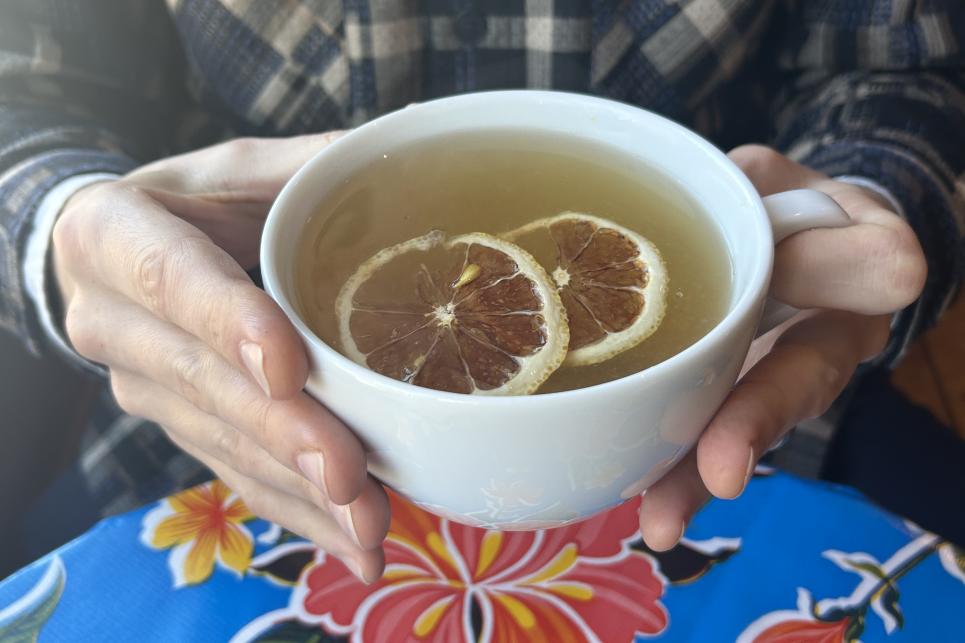 A warm drink topped with orange slices in a white mug.