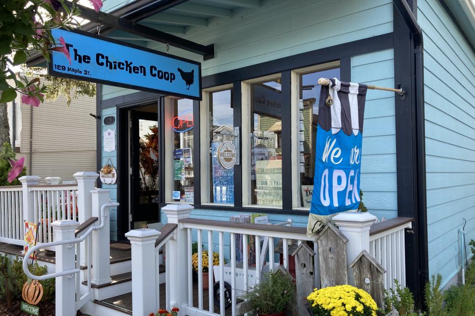 The front porch with potted flowers and open sign of the Chicken Coop store.