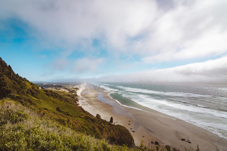 A partially cloudy day with a bank of fog rolling in over the ocean viewed from a cliffside overlooking a narrow beach.