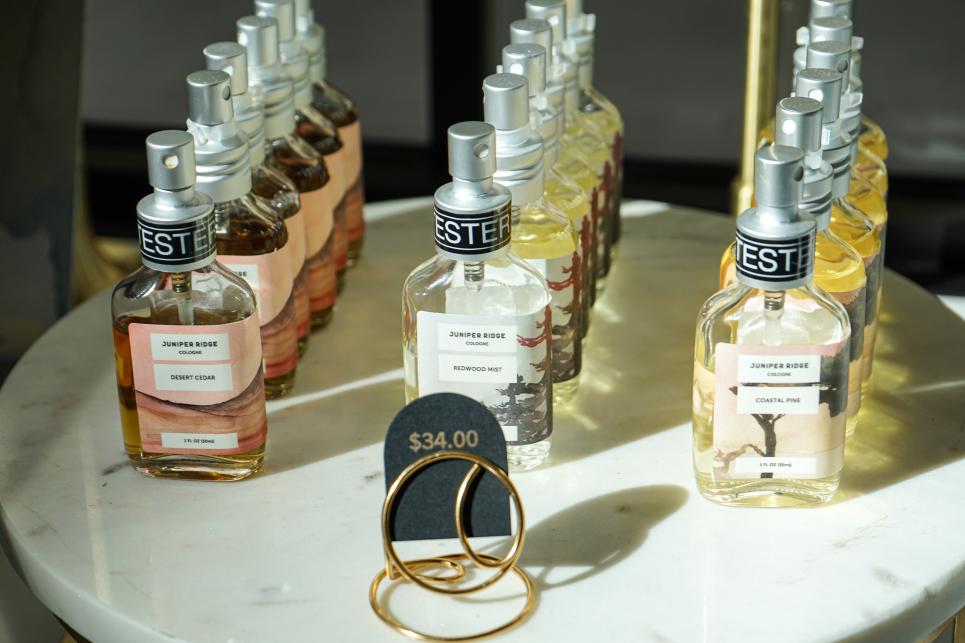 Bottled scents and sprays on the aroma bar.