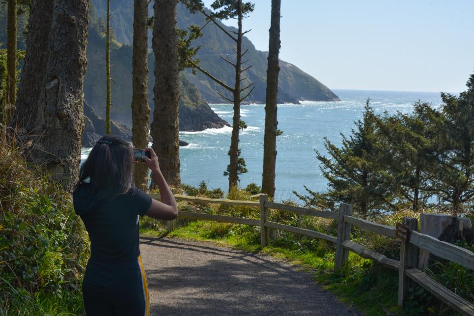 A girl takes an iphone photo of the coastline through trees.