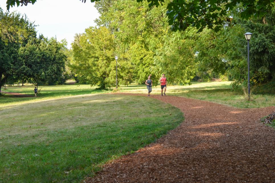 Man and woman running on bark mulch trail called Pre's Trail at green Alton Baker Park.