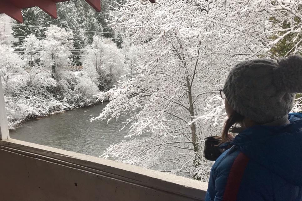 Office Covered Bridge in the Snow by Westfir Lodge