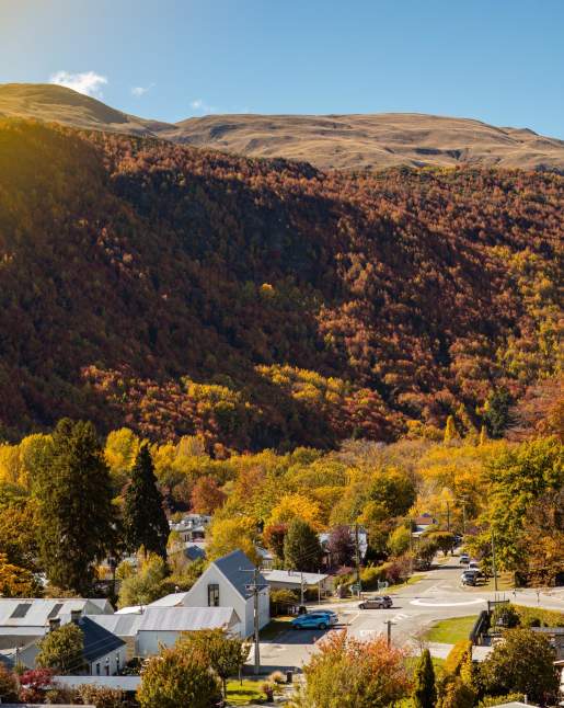 Aerial view of historic Arrowtown village in autumn