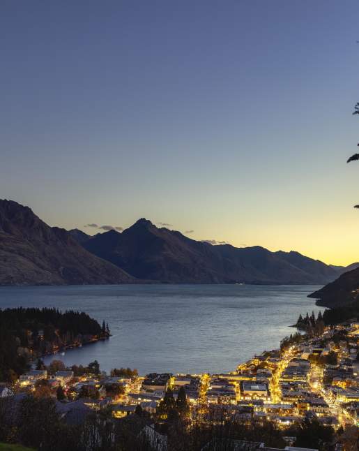 Queenstown at Dusk looking over the centre town Walter Peak
